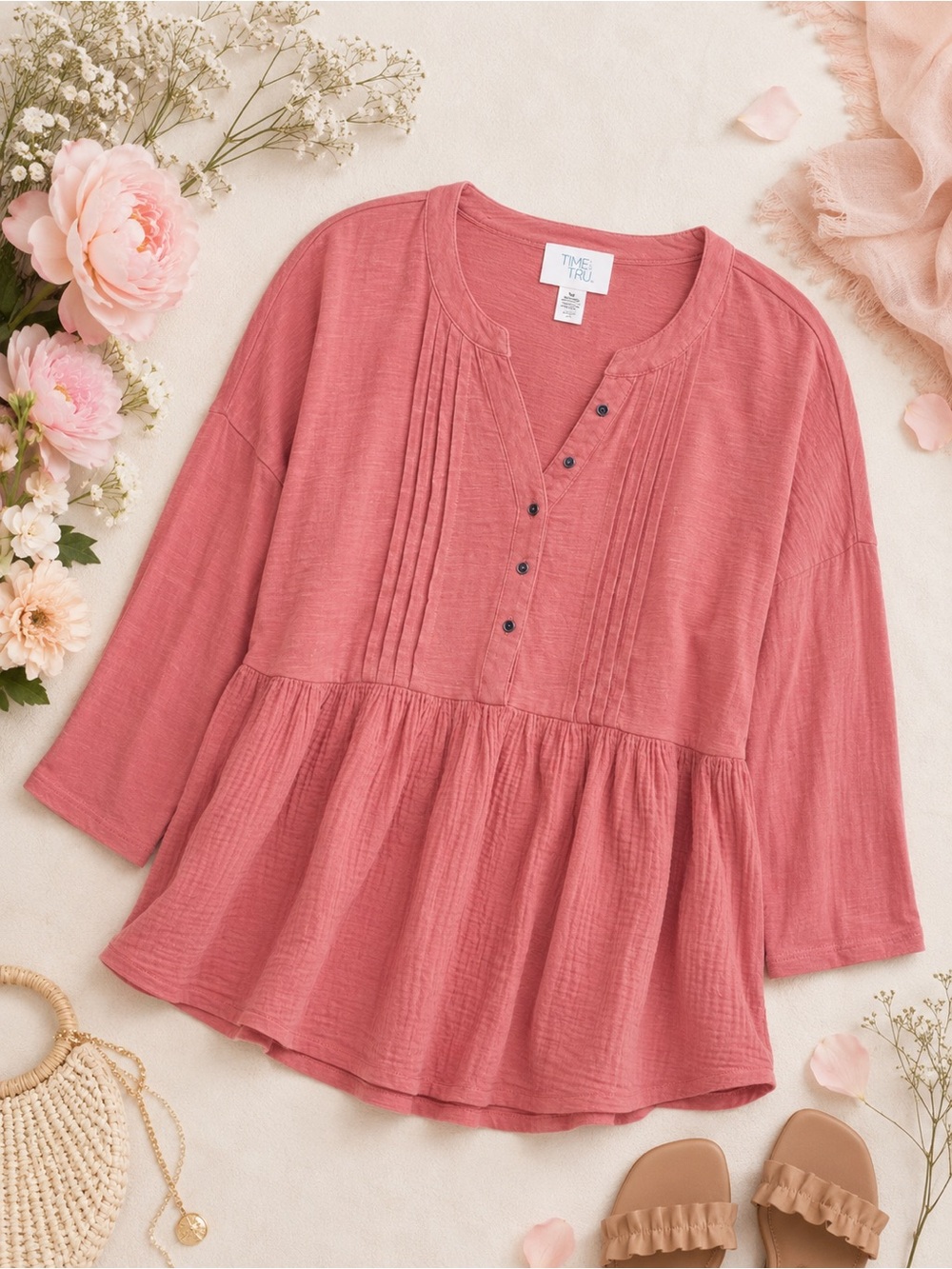 NWT Time and Tru 3/4 Sleeve Relaxed Fit Peplum Top Blouse Coral/Pink Size Small